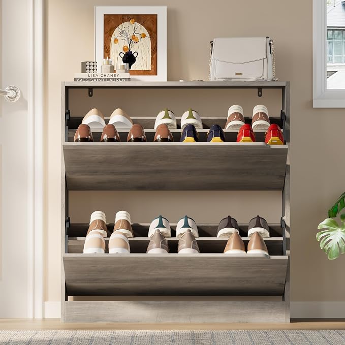 BORNOON Shoe Cabinet with 2 Flip Drawers, Slim Narrow Shoe Storage Cabinet, Freestanding Shoe Organizer with Adjustable & Removable Shelves, Top Display Shelf for Entryway, Hallway, Foyer, Closet - Image 7