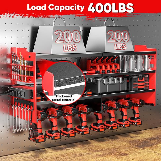 POKIPO Large Power Tool Organizer Wall Mount with Charging Station,4 Layer Heavy Duty Metal Tool Storage Shelf Loads 600lbs,Battery Utility Rack With 4 Outlet Power Strip with 8 Cordless Drill Holder - Image 4
