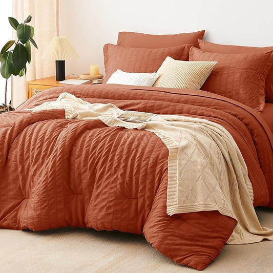 CozyLux King Size Comforter Set Burnt Orange Seersucker 7 Pieces Bed in a Bag King Comforter Set with Sheets, Terracotta Luxury Bedding Set with Down Alternative Comforter, Sheets, Pillowcases & Shams