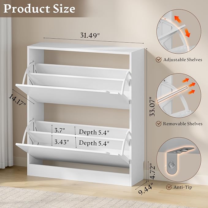 BORNOON Shoe Cabinet with 2 Flip Drawers, Slim Narrow Shoe Storage Cabinet, Freestanding Shoe Organizer with Adjustable & Removable Shelves, Top Display Shelf for Entryway, Hallway, Foyer, Closet - Image 2