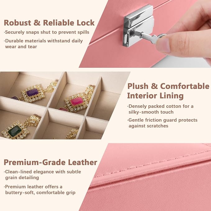 Homeanda Jewelry box 2 layer Jewelry box Leather Jewelry boxes for Women Girls Teens Jewelry organizer box Jewelry Storage box with lock(Pink) - Image 5