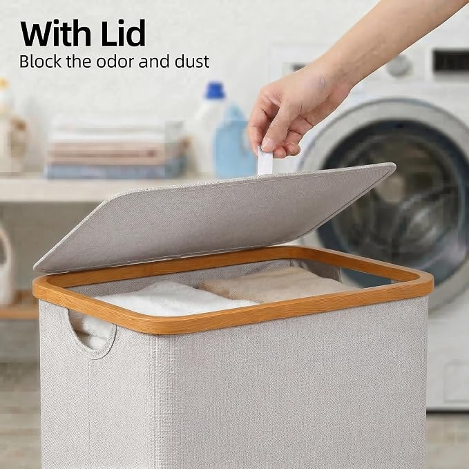efluky Laundry Basket with Lid and Removable Bag, 100L Tall Laundry Hamper with Bamboo Handles, Aesthetic Dirty Clothes Bin for Laundry Room, Bathroom, Bedroom and Dorm, Light Grey - Image 4