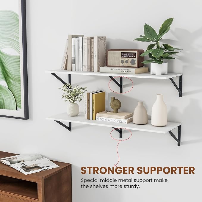 Heimlove White Deep Floating Shelves for Wall, 36W x 12D Wood Wall Shelves Set of 2, Wide Floating Bookshelf for Living Room, Kitchen, Office, Bedroom and Decor Storage, with Black Bracket - White - Image 4