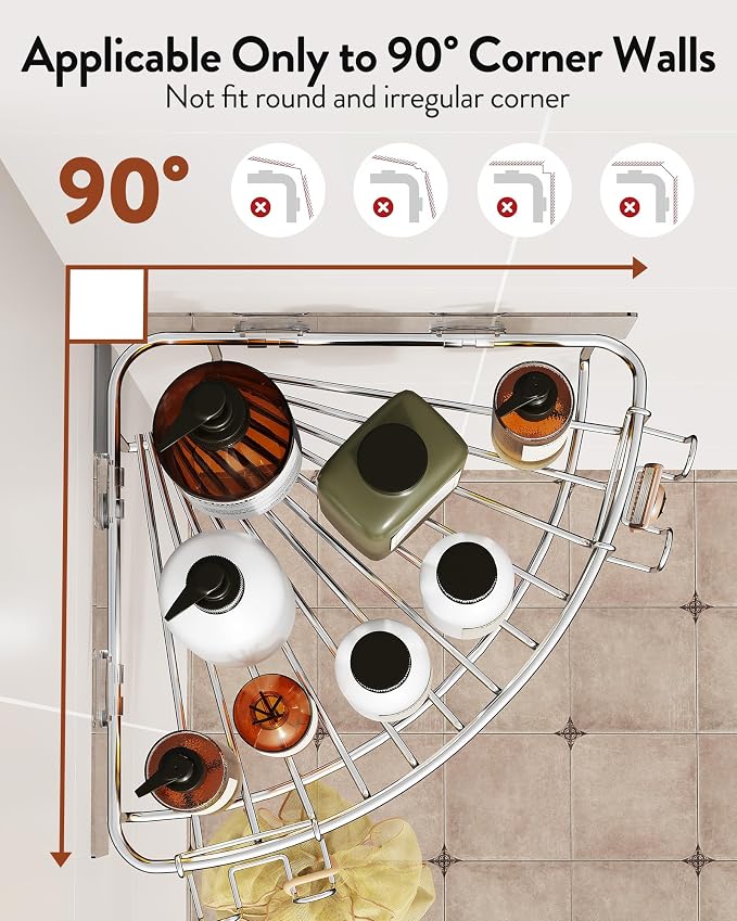 Orimade Corner Shower Caddy Stainless Steel with Hooks Wall Mounted Bathroom Shelf Storage Organizer Adhesive No Drilling 2 Pack, Silver Only for 90-Degree Corner - Image 3