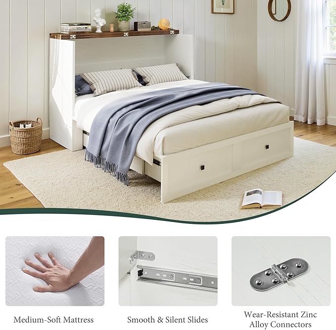 LUXOAK Queen Murphy Bed with 6" Tri-Fold Memory Foam Mattress, Storage Drawer & Charging Station, Space-Saving Design for Home Office or Guest Room, White