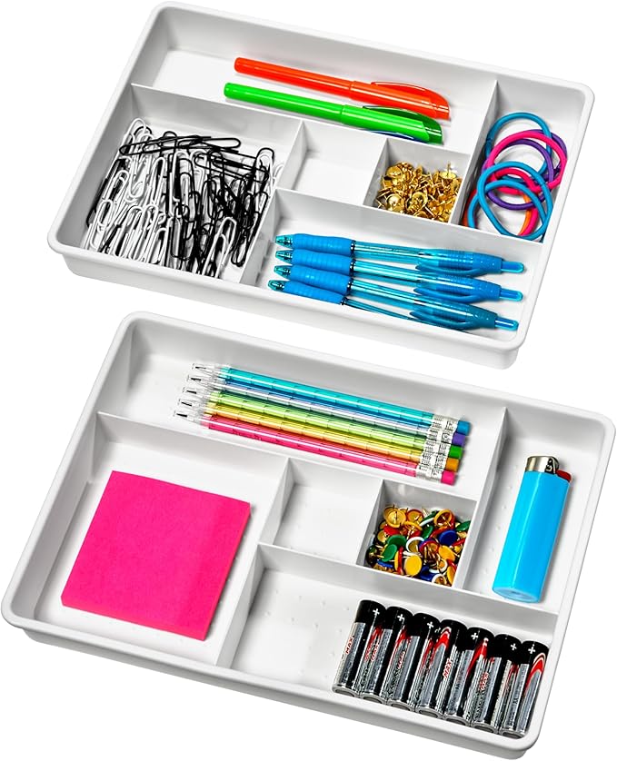 Madesmart Set of 2 Plastic 6-Compartment Drawer Organizer Gadget Trays, Multipurpose Storage Bins for Drawers, White by madesmart%C2%AE