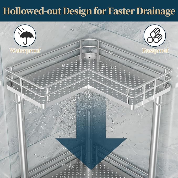 Consumest Corner Shower Caddy Standing - 3-Tier Stainless Steel Shower Organizer with Soap Holder and 4 Hooks, Large Capacity Corner Shelf Stand for Bathroom, Rest Room, Silver - Image 4