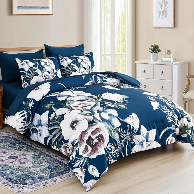 Luxudecor Floral Comforter Set King Size 7 Piece, Navy Flower Bed in a Bag, Elegant Comforter Bedding Set for All Season (Navy, 104"x90")
