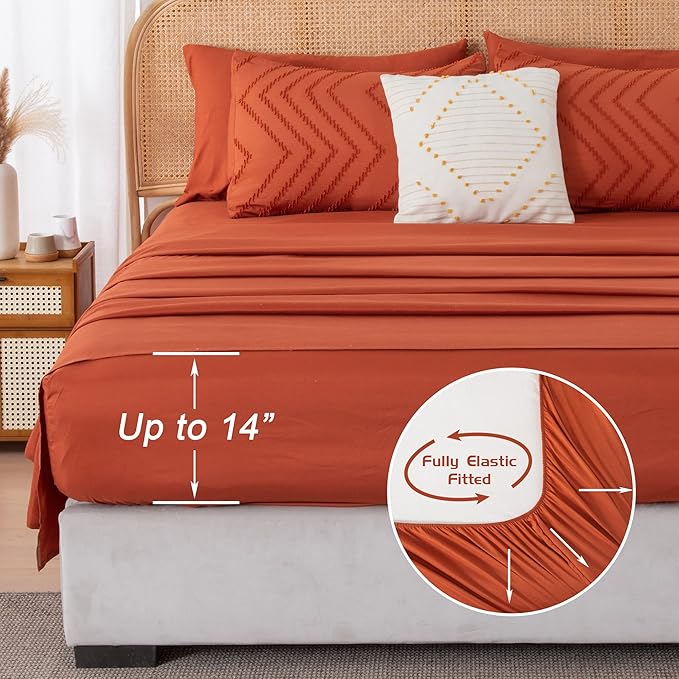 Litanika California King Comforter Set with Sheets Burnt Orange - 7 Pieces Bed in a Bag Cal King Boho Terracotta Bedding Sets Rust Lightweight Bed Set with Comforter, Sheets, Pillowcases & Shams