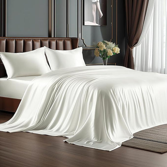 BEDELITE Satin Sheets Twin XL Size Bed Set, Luxury Soft Ivory White Silky Sheets for Hair and Skin, Similar to Silk Bed Sheets Set 3 Pieces （1 Deep Pocket Fitted Sheet, 1 Flat Sheet, and 1 Pillowcase）