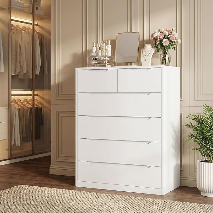 Romorgniz White Dresser for Bedroom with 6 Large Drawers, Tall Chest of Drawers Modern Wooden Dresser for Living Room, Entryway, Hallway, 43.2" H X 27.6" W X15.6 D