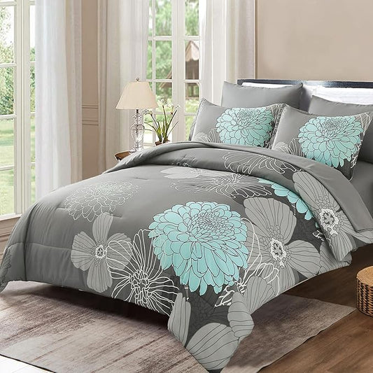Yiran California King Comforter Set Grey Floral Comforter for All Season Cal King Soft Microfiber Bedding Set,7 Pieces,104"x96"