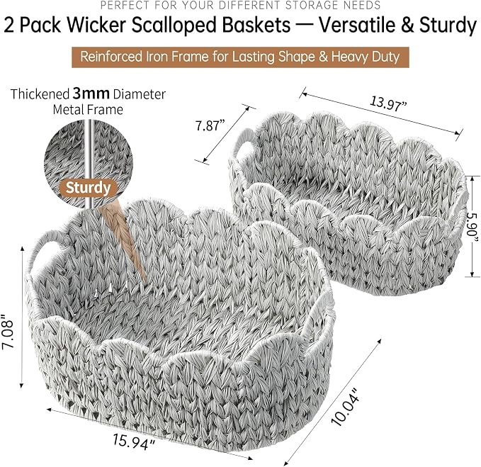 Coeusy Wicker Scalloped Basket Set of 2,Woven Storage Baskets for Shelves,Closet,Laundry,Gift,Towels,Books,Toys,Waterproof Cute Decor Basket for Organizing,Grey - Image 3
