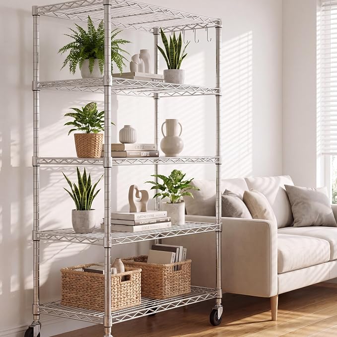 PrimeZone 75" H Wire Shelving 5 Tier Slim Steel Storage Metal Shelves with Wheels,Adjustable Kitchen Utility Shelving Unit,Pantry Rack Rolling Metal Shelf Chrome 24" Wx18 Dx75 H - Image 2