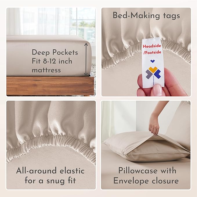 California Design Den Twin Sheets Set - Natural 100% Cotton Sheets with 12" Pockets, Soft Sateen Weave, Breathable and Durable Bedding Set for Dorm Rooms, College Beige (Warm Taupe)