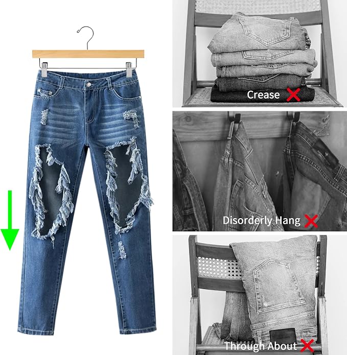 Nature Smile Solid Lotus Wood Deluxe Wooden Pants Hangers Bottom Hanger Jeans Hanger Skirt Hanger with 2-Adjustable Clips Anti-Rust Hook Pack of 10 (Natural) - Image 7