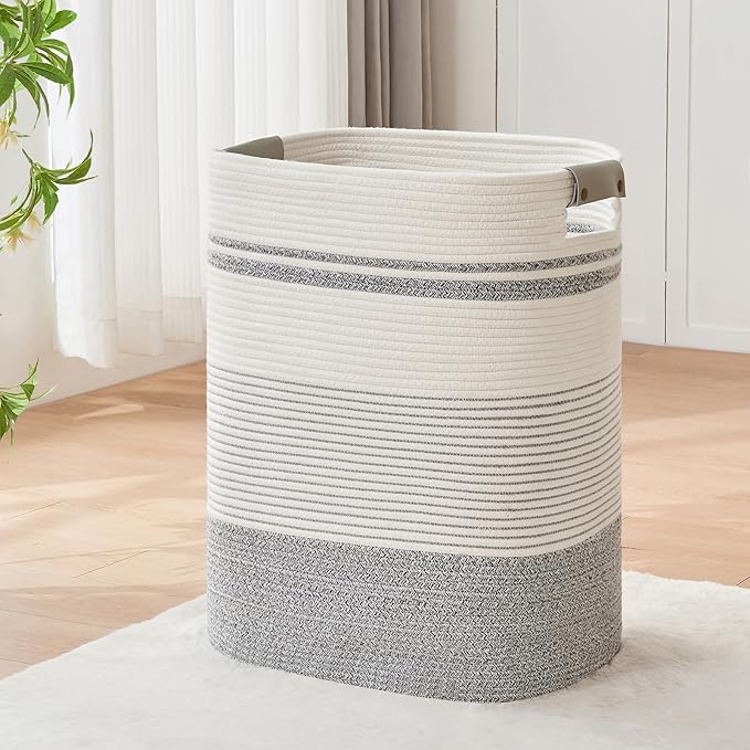 AINUOQI Laundry Basket with Handles - Blanket Basket & Hampers for Bedroom Aesthetic, Laundry Hamper & Blanket Storage for Living Room, Clothes Hamper, Tall, Large 17" x 14" x 22”, Grey & White by AINUOQI
