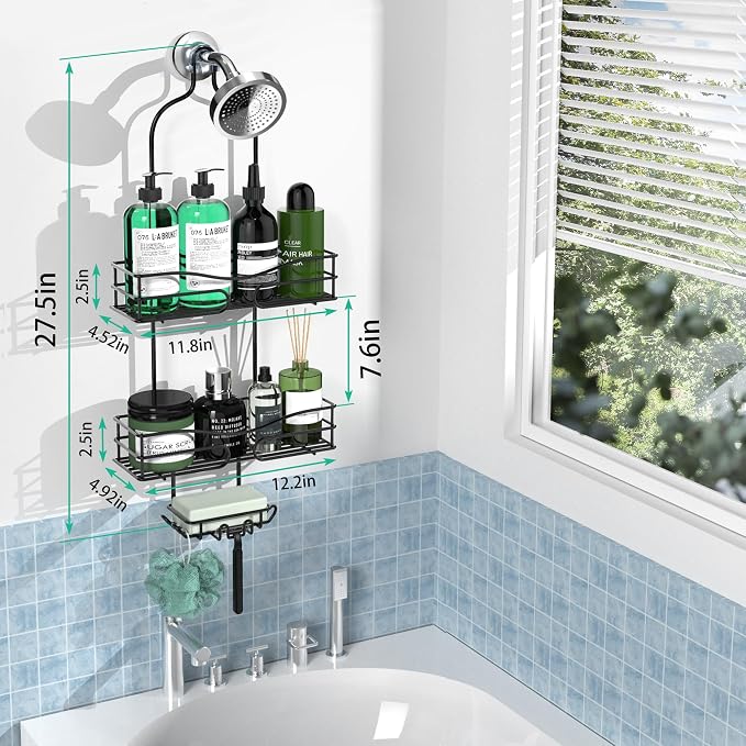 DAOYA Bathroom Shower Caddy Hanging - 3-Tier Organizer with Soap Holder & 6 Hooks for Towels, Sponge; Fits 21mm Shower Head Arm, Black - Image 6