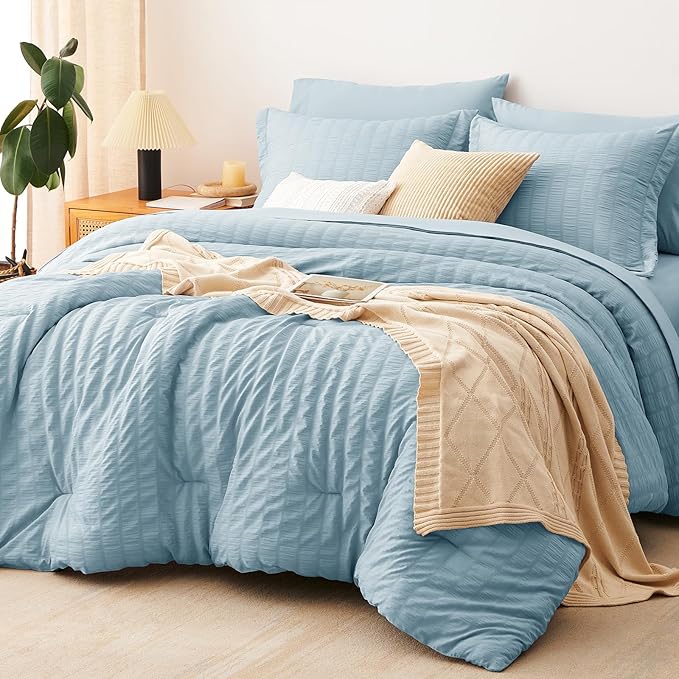 CozyLux Queen Comforter Set Light Blue Seersucker 7 Pieces Bed in a Bag Queen Comforter Set with Sheets, Luxury Soft Bedding Set with Down Alternative Comforter, Sheets, Pillowcases & Shams All Season