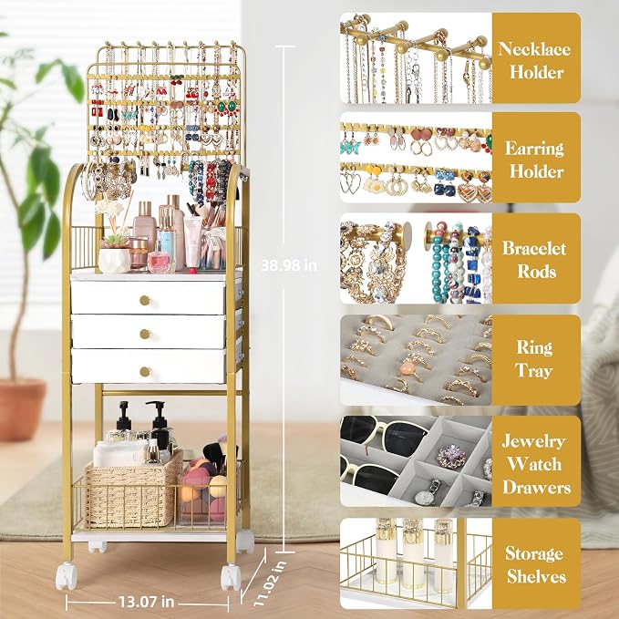 Keebofly Large Jewelry Organizer Stand with 3 Box Drawer - Necklace Organizer Earring Storage Armoire Holder with Display for Earring Necklace Ring Bracelet Gold - Image 3