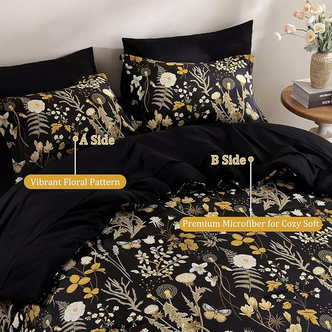 Yiran King Size Comforter Set, 7 Pieces Black Floral Soft Bedding Sets, King Bed in a Bag Brown Botanical Flowers Winter Comforter, Sheets, Pillowcases & Shams