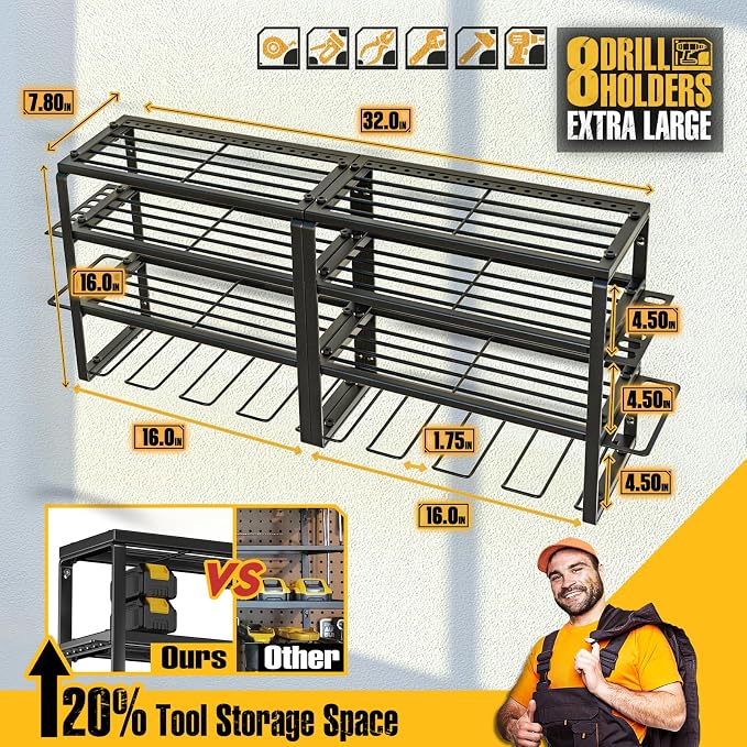 Spampur Power Tool Organizer Wall Mount, Heavy Duty 420LB with 8-Slot Drill Holder - All-in-One Garage Storage for Workshop, Christmas Gift for Men, Dad, DIYers, 15 Min Quick Assembly - Image 5