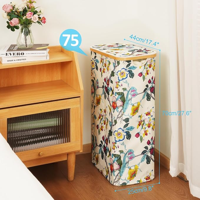 efluky Slim Laundry Basket with Lid, Narrow Laundry Hamper with Removable Bag, Skinny Dirty Clothes Basket with Bamboo Handles for Bathroom, Bedroom & Laundry Room, 75L Floral - Image 2