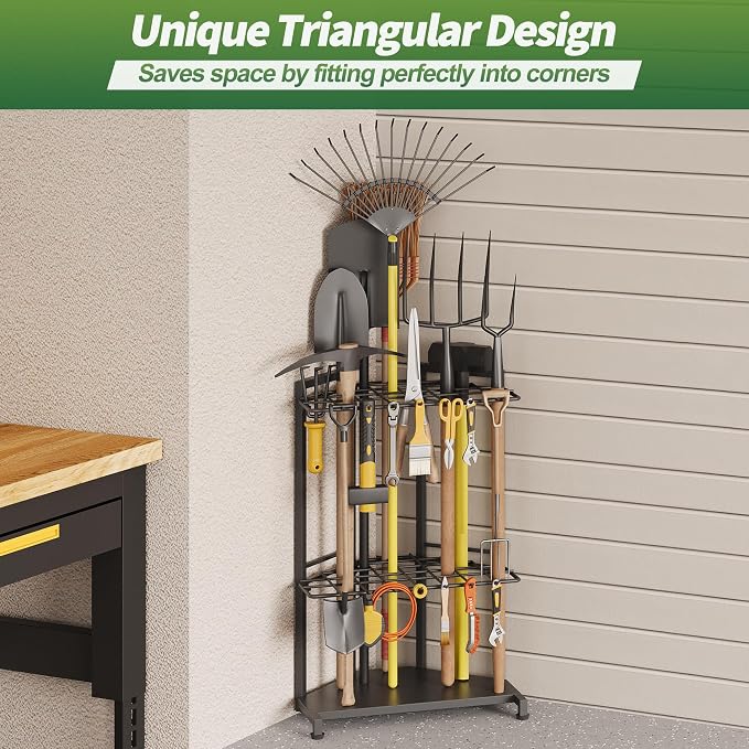 Garden Tool Organizer for Corner - Heavy Duty Metal Rack with 34 Storage Compartments & 14 Hooks for Shovels, Rakes, Long-Handled Tools, Ideal for Garden, Shed, Garage Storage - Image 2