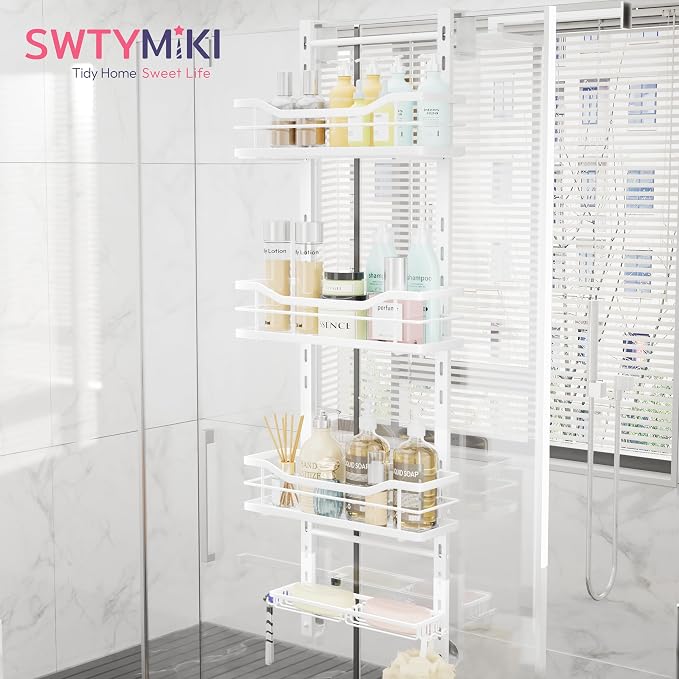 SWTYMIKI Over the Door Shower Caddy - 4 Tier Adjustable Shower Organizer Hanging with Soap Holder, No Drilling Stainless Steel Bathroom Rack Hanging for Body Wash, Shampoo, Soap, Razor, White - Image 2