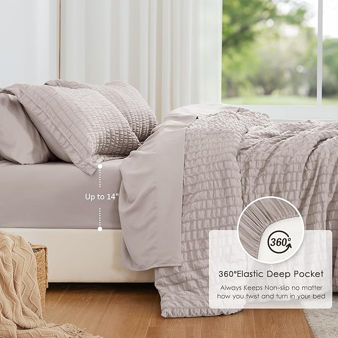 Love's cabin Seersucker Burlwood King Size Comforter Set, 7-Piece All Season Lightweight Bed in a Bag Bedding Set with Comforter, Flat Sheet, Fitted Sheet, Pillowcases and Shams | Soft, Breathable, Lightweight