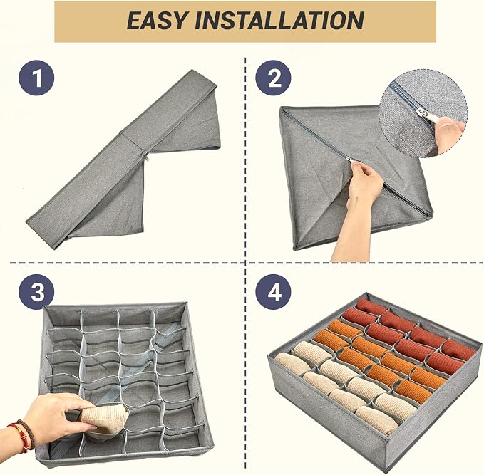 PINGMIC Gray Sock Organizer Divider 2 Pack - 24 Cell Foldable Closet Storage, Tie Organizer For Men Boxes for Socks, Ties, Belts - Image 5