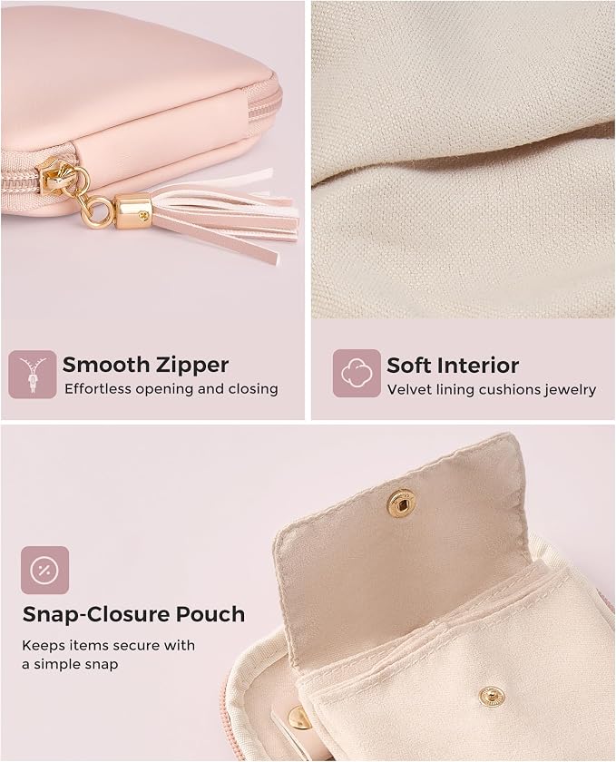 Lolalet Travel Jewelry Case Organizer, Small Jewellery Pouch with Compartments for Storage, Soft Velvet Bag for Traveling Women, Full-Zip Packing for Necklaces, Earrings, Bracelets -Apricotpink - Image 6