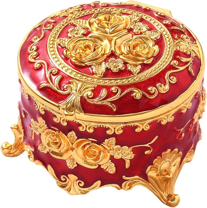 Vintage Jewelry Box, Gold Round Treasure Ring Box, Metal Trinket Organizer Keepsake Box Gift for Girl Women, Red by Unknown