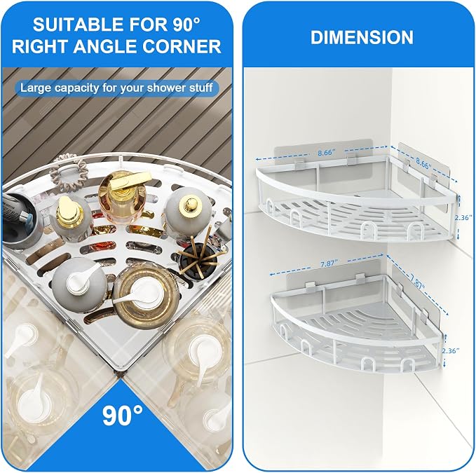 Corner Shower Caddy, 2 Pack Adhesive Bathroom Shower Corner Organizer Shelf, No Drilling Rustproof Wall Mounted Shower Storage Rack Shampoo Holder Organizer (White) - Image 3