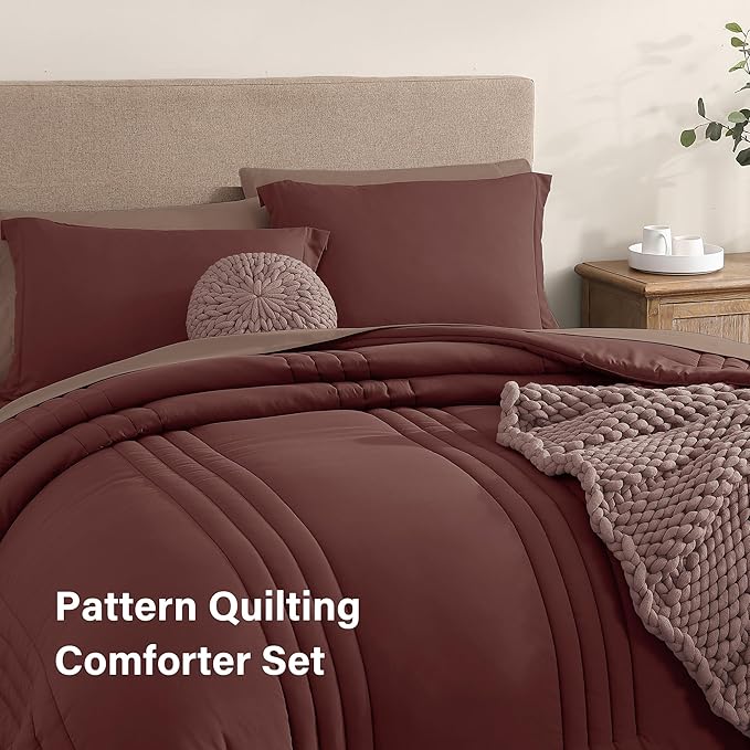 Monbix King Size Comforter Set - 7 Pieces Bed in a Bag King, Dark Red Bedding Sets with Comforter, All Seasons Comforter Bed Set with Sheets, Pillowcases & Shams