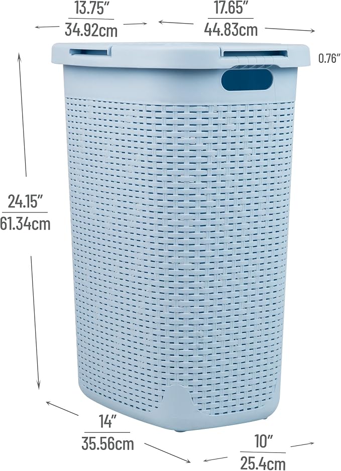 Mind Reader Slim Laundry Hamper with Lid, 60L Tall Clothes Basket, Narrow Tapered Design for Bathrooms, Closets and Laundry Rooms, Plastic, Baby Blue - Image 3