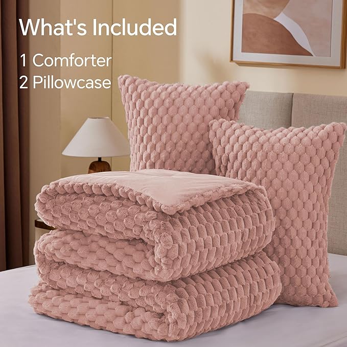 BEDELITE Fluffy King Size Comforter Set - Dusty Pink Fleece Soft Comforter for King Size Bed, Luxury Warm Bedding Set for Winter, Fuzzy Bed Set 3 Pieces (1 Comforter, 2 Pillowcases)