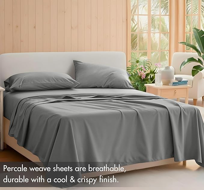 RUVANTI 100% Cotton Sheets – Queen Size Percale Bedding, Cooling & Breathable, Durable with a Crisp, Soft & Comfortable Feel, 16" Deep Pocket, 4-Piece Set, Mist Grey