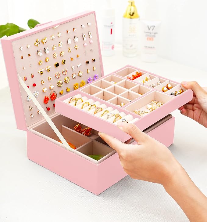 Earrings Jewelry Box for Girls, Large Capacity Jewelry Organizer with 40-Pair Earring Board, 2-Layer Leather Jewelry Storage Box for Necklaces Rings Bracelets with Removable Tray(Gift Idea),Pink - Image 9