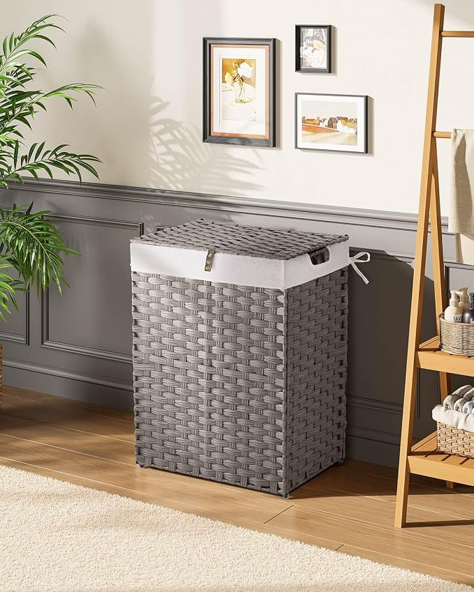 Greenstell Laundry Hamper with 2 Removable Liner Bags - 90L Divided Clothes Hamper, Handwoven Synthetic Rattan Foldable Laundry Basket with Lid and Handles Gray (18.3x13.3x24.0Inches) - Image 2