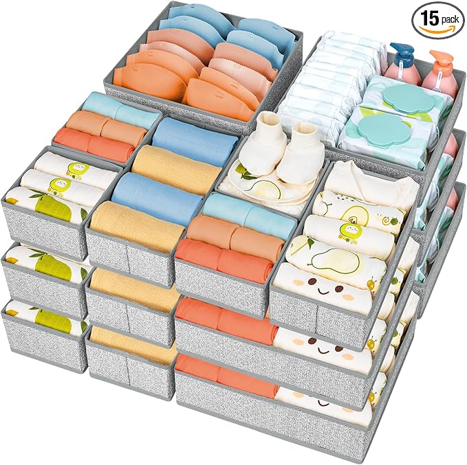 DIMJ Drawer Organizer Clothes 15 Pack - Foldable Baby Organizers and Storage & Dresser Organizer for Bedroom, Closet - Nursery Organization Dresser Dividers for underwear Sock Bra Belt Tie, Gray by DiMJ