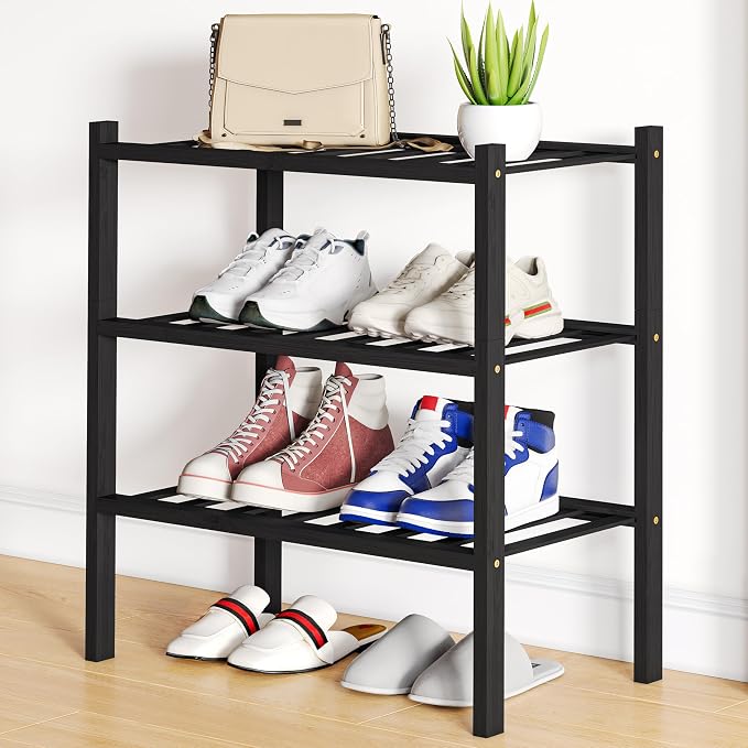 Smiry Shoe Rack, 3 Tier Small Bamboo Shoe Organizer, Stackable Free Standing Wooden Shoe Storage Shelf for Closet, Entryway, Front Door Entrance, Black by Smiry
