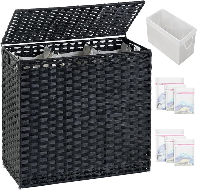 SETVSON Laundry Hamper with Lid Laundry Basket 132 L (35 Gal) Wicker Clothes Hamper, Handwoven Rattan Hamper with Handles and 4 Removable Liner Bags, 6 Mesh Bags for Laundry Bedroom Black by SETVSON