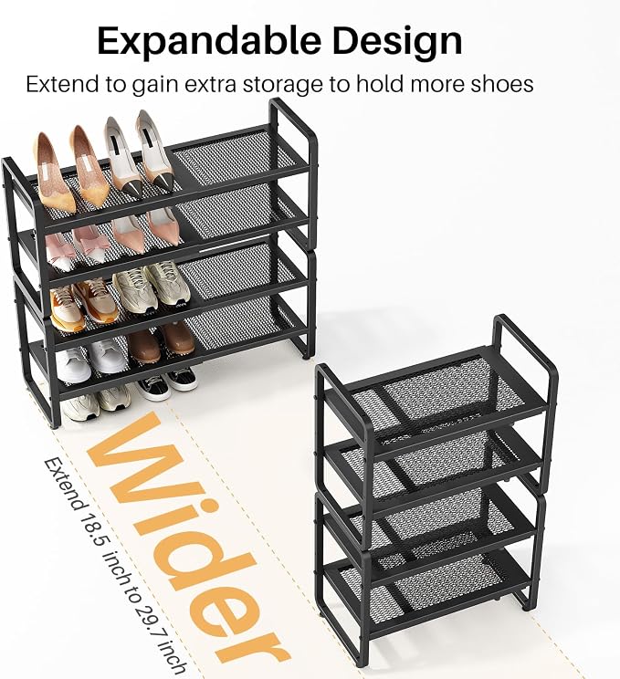 SNTD Shoe Rack - Expandable Shoe Organizer for Closet, Adjustable Metal Shoe Shelf Storage, Stackable Long Shoe Stand Holder for Garage, Entryway, Door Entrance (Black, 4-Tier) - Image 4