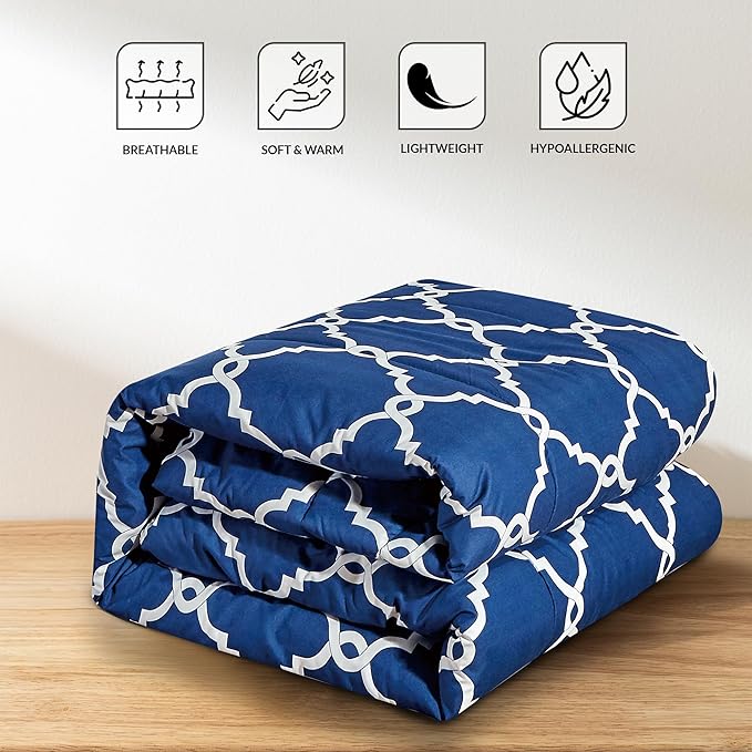 LUX Décor Reversible 5pc King Comforter Set, Printed Bedding Set, All-in-One Bed in a Bag, Includes 1 Comforter, 2 Pillow Shams, 1 Decorative Pillow & 1 Bed Skirt (Quatrefoil Navy,King)