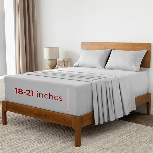 Mellanni Extra Deep California King Sheets - 4 PC Iconic Collection Bedding - Hotel Luxury, Ultra Soft, Cooling Bed Sheets - Wrinkle, Fade, Stain Resistant (Cal King, Light Gray)