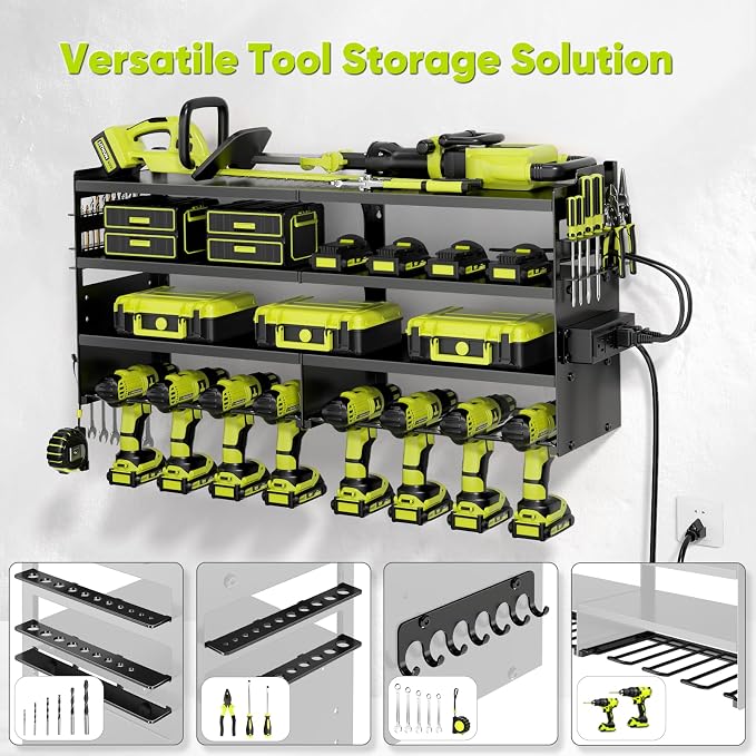 POKIPO Large Power Tool Organizer Wall Mount with Charging Station,4 Layer Heavy Duty Metal Tool Storage Rack Loads 600lbs with 8 Cordless Drill Holder,Battery Utility Rack Loads with 4 Power Strip - Image 3