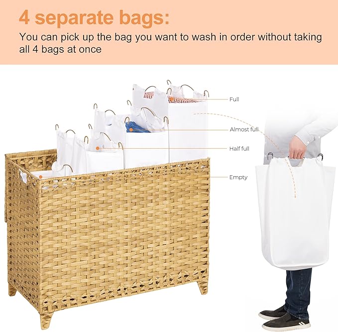 Laundry Hamper with 4 Removable Liner Bags; 176L Handwoven Rattan Laundry Basket with Lid & Heightened Feet; Clothes Hamper with Side Handles - Image 3