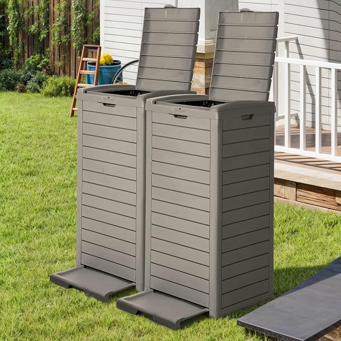 DWVO 38 Gallon Large Outdoor Trash Can, 2-Pack Waterproof Resin Hideaway Garbage Bin with Lid and Drip Tray, Outside Trash Bin for Porch, Backyard, Deck, Patio, Poolside, Easy to Clean, Taupe - Image 8