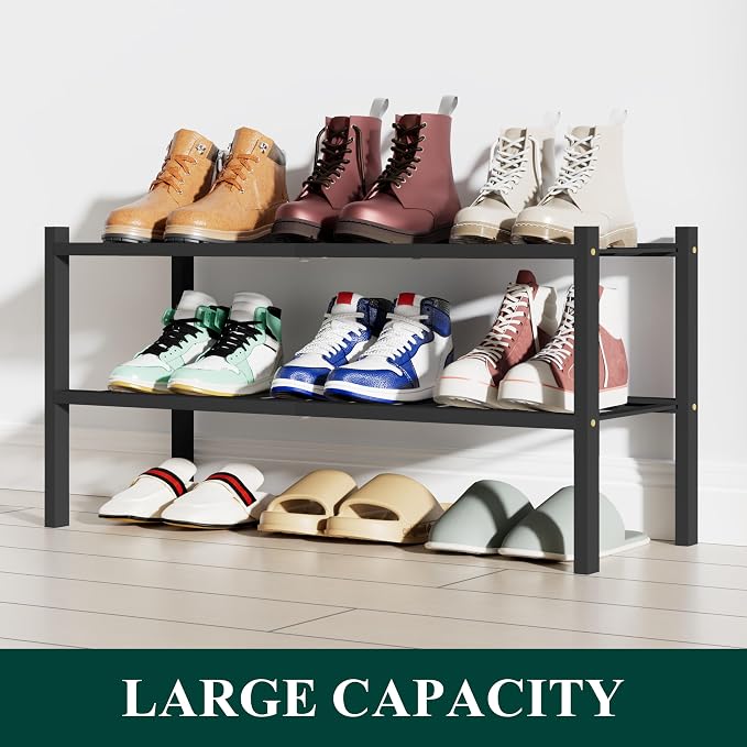 Smiry Shoe Rack, 2 Tier Bamboo Shoe Organizer, Stackable Free Standing Wooden Shoe Storage Shelf for Closet, Entryway, Front Door Entrance, Black - Image 5